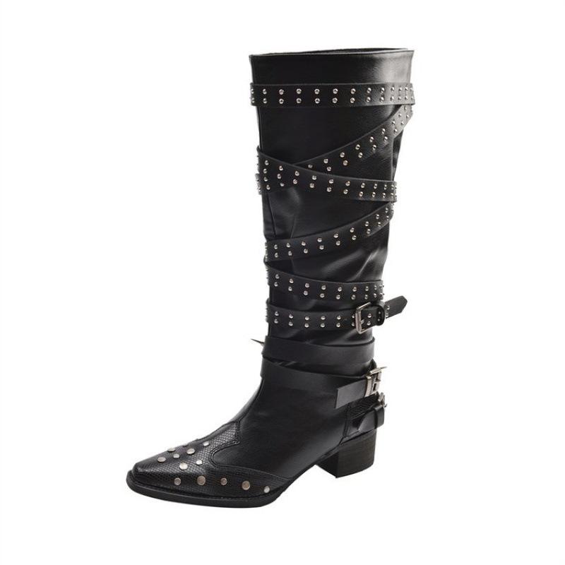 Dames Elegante Zwarte Pointed Toe Western Laarzen met Studs Enkel Hoge Rijlaarzen voor het Hele Jaar Veelzijdige Casual Outfits 39 black