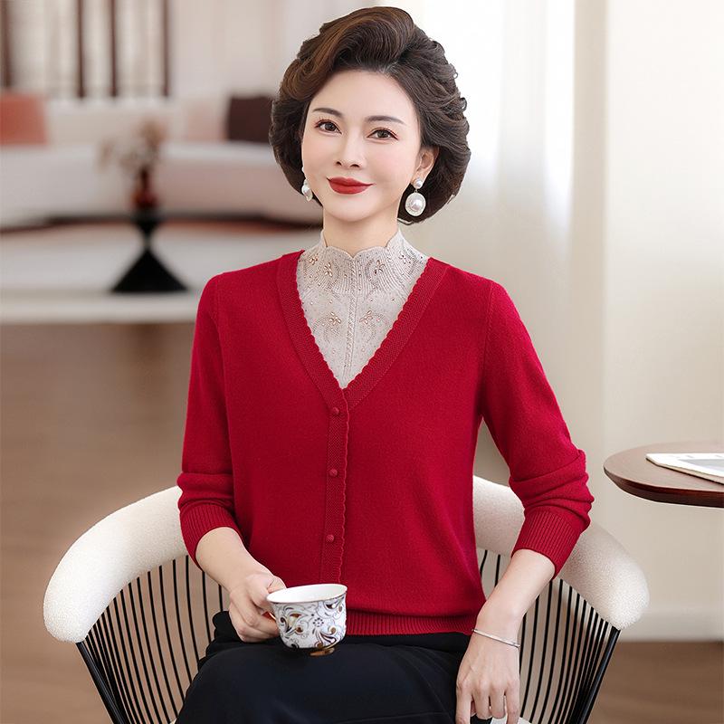 

Mom s 100% Wool Two-Piece Look Sweater: Stylish, Warm Long-Sleeve Knitwear for Middle-Aged and Elderly Women. 2XL [120-135 lbs]