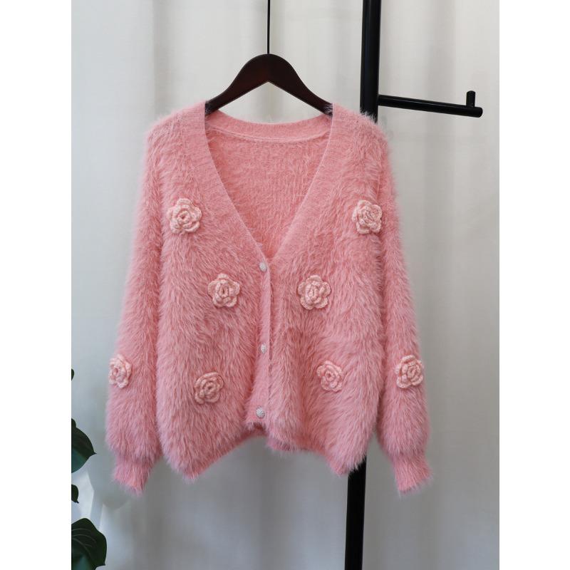 

2025 осень и зима новый корейский фасон свободный свитер-жакет с трехмерными цветами из искусственного норкового флиса женский мягкий ворсистый вязаный кардиган тренд one size fits all розовый