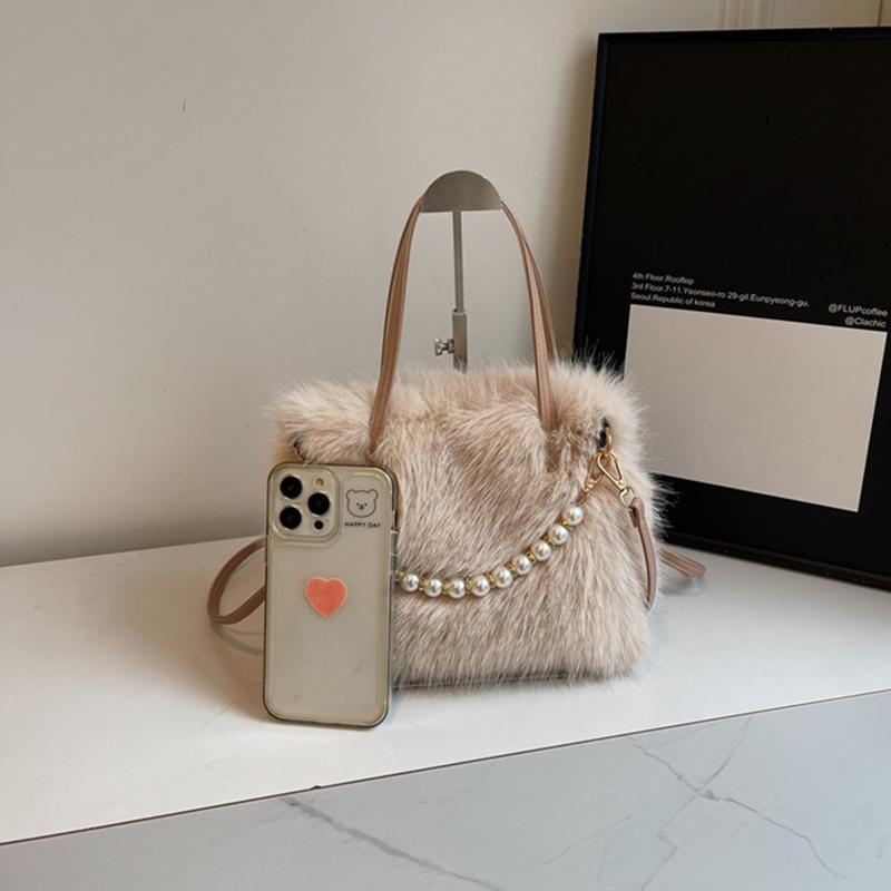 Yogodlns Winter Fashion Faux Fur Crossbody Bags for Women's Gift, Pearl Chain Decor Shoulder Bag, Ladies Handbags Top-handel Bag