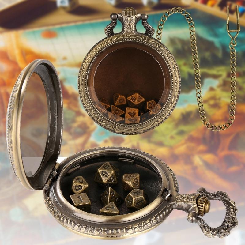 Unique Pocket Watch Case with 7pcs/set Metal Polyhedral Dices Pendant Delicate Pocket Watch for Gamers and Collectors
