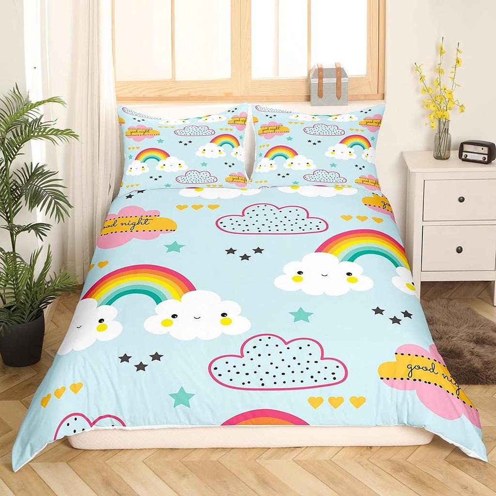 Kids Kawaii Duvet Cover Set Suitable For Girls And Boys Rainbow Moon Star Cute Cartoon Cloud Set Kids Bedroom Decoration 3Pcs