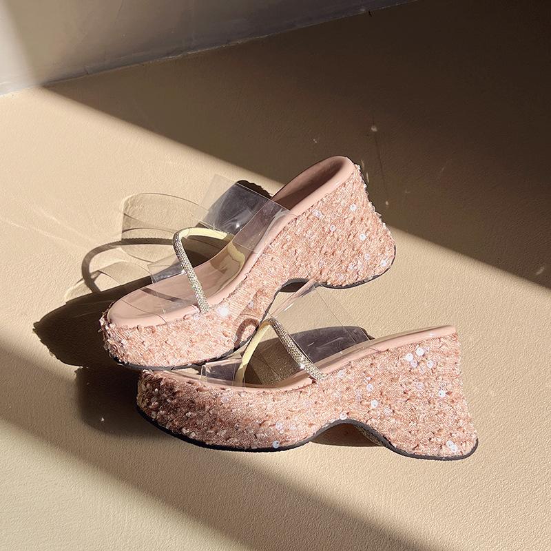 

Модная универсальная танкетка на толстой подошве с прозрачными крутыми шлепанцами, летний дизайн, шлепанцы на толстой подошве с пайетками 39 розовый