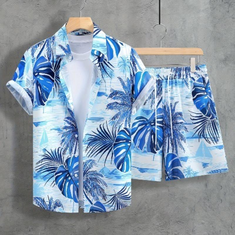 Men's Beige Tropical Leaf Print Shirt and Shorts Set Summer Vacation Wear