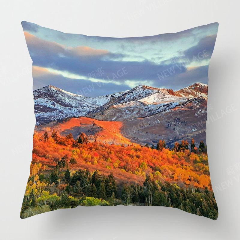 Four Seasons Universal Short Plush Pillow Case Living Room Bedroom Landscape Illustration Architectural Pattern Cushion Cover