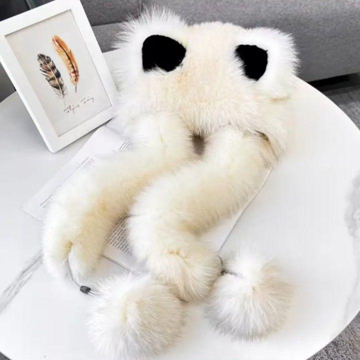 Chapeau d'oreille élégant et mignon en peluche imitation, grandes oreilles de renard, protection d'oreille, écharpe intégrée, chapeau chaud épais pour l'automne et l'hiver