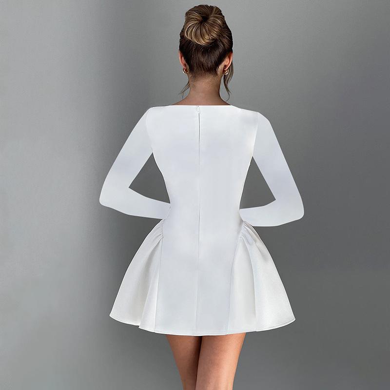 European and American Style Women's Clothing Temperament Round Neck Autumn and Winter Slim Fit Solid Color Dress for Women