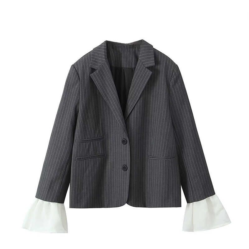 

A and a High-Grade Sense Fried Street Gyaru Stripe Suit Detachable Patchwork Bell Sleeve Loose Profile Outerwear Gray L
