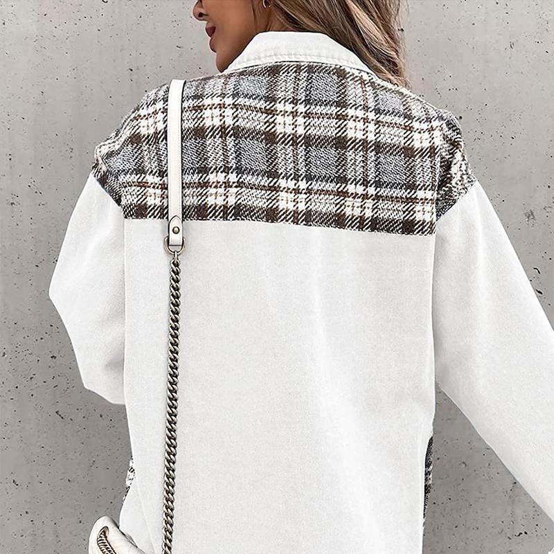 Denim Jacket Checkered Button Up Shirt Jacket Women's Patchwork Jacket Warm Comfortable Commuter Long Sleeved Shirt Autumn Winter