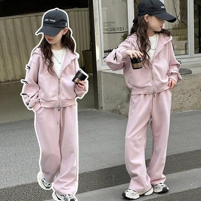 Spring Autumn Hooded Jacket & Trousers for Children Girls' Korean-Style Bow Sportswear Set