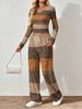 Floral pattern printed women's V-neck long-sleeved trousers set Comfortable casual versatile slim two-piece set