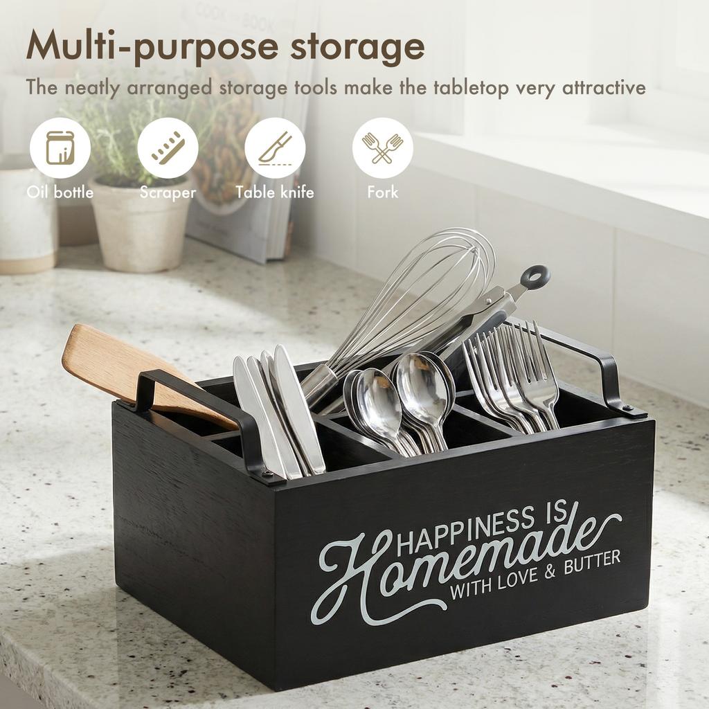 Utensil Holder for Kitchen Counter Corner Silverware Holder for Countertop with 4 Compartment Wooden Cooking Utensil Organizer