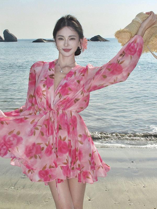

Women s Floral Long Sleeve Waist-Hugging Dress: Seaside Vacation Style Small