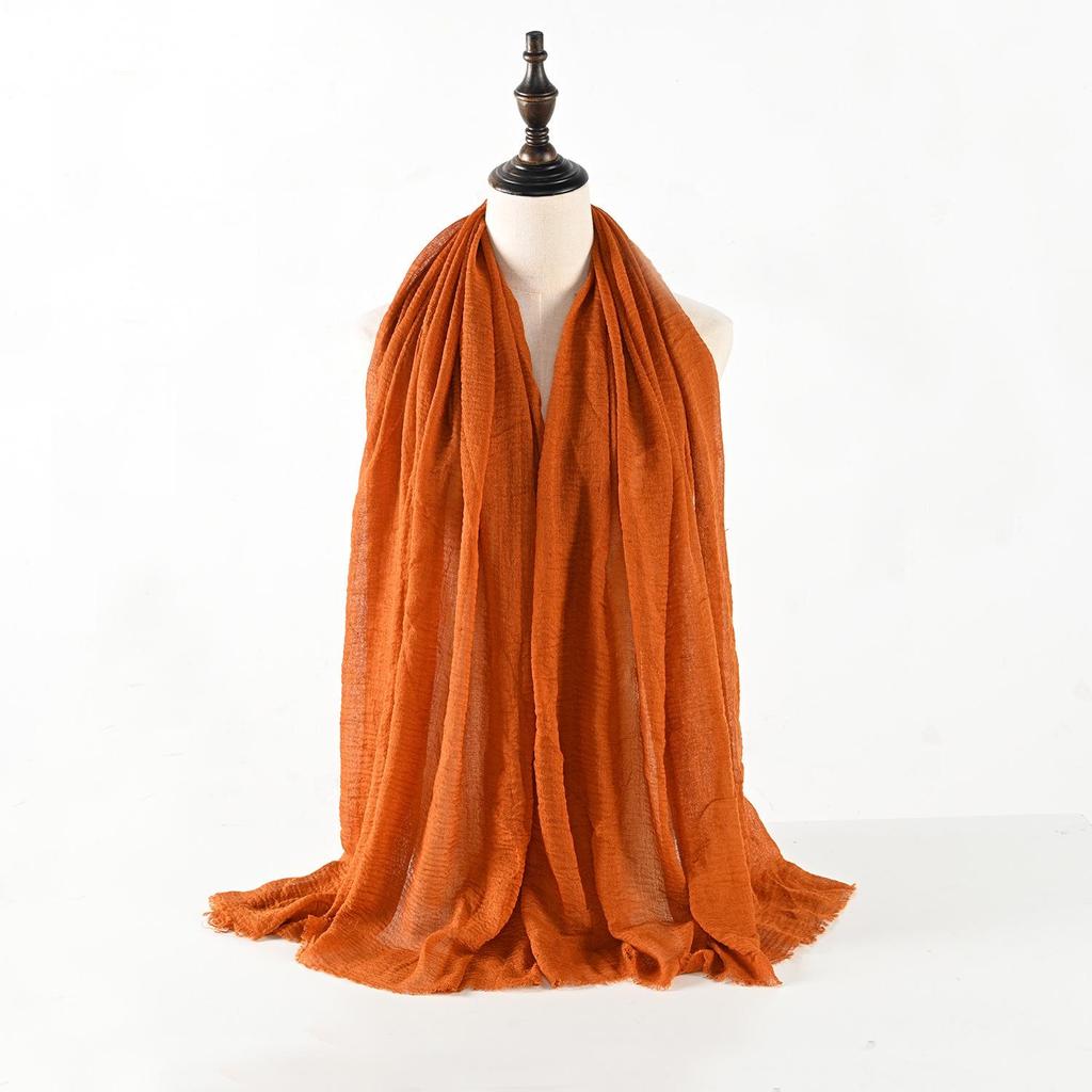 Sciarpa in Misto Cotone e Lino Stropicciato con Frange - Colore Unito, 90x180cm, Foulard da Donna
