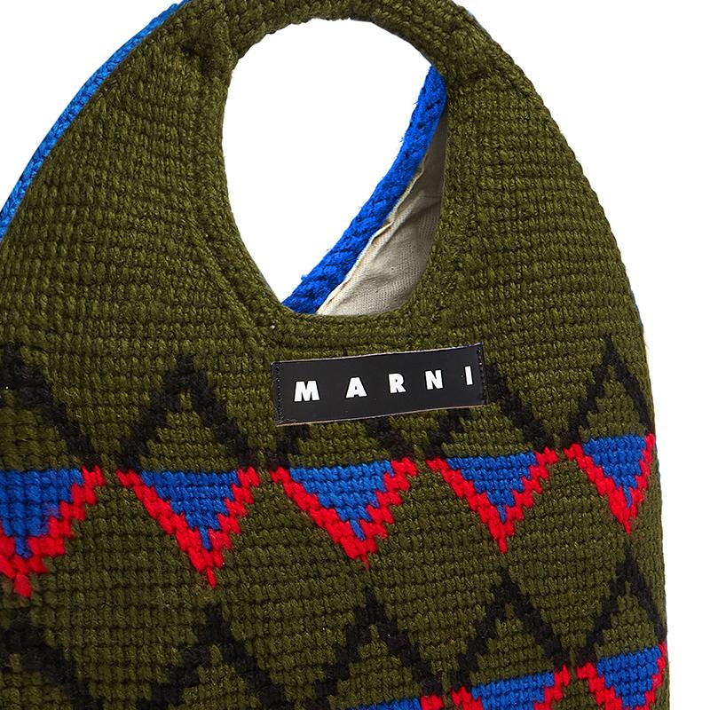 Marni Market Letter Logo Geometric Pattern Technology Wool Tote Bag Women handbags Khaki-Green Blue SHMH0049A1FW305JQV30