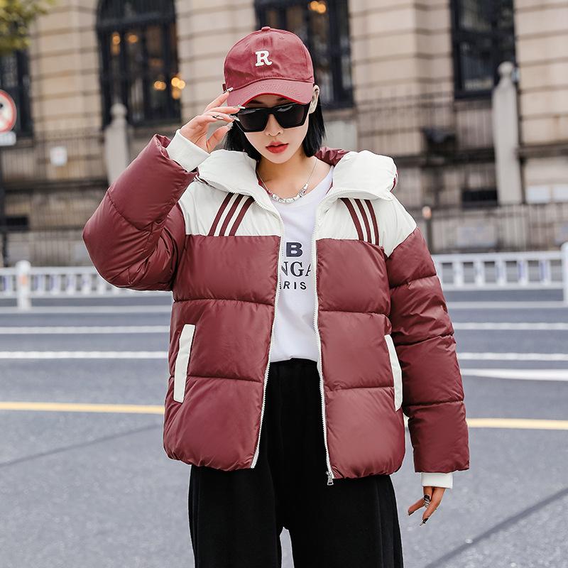 Short hooded color matching winter new down cotton thickened bread fashionable loose cotton coat