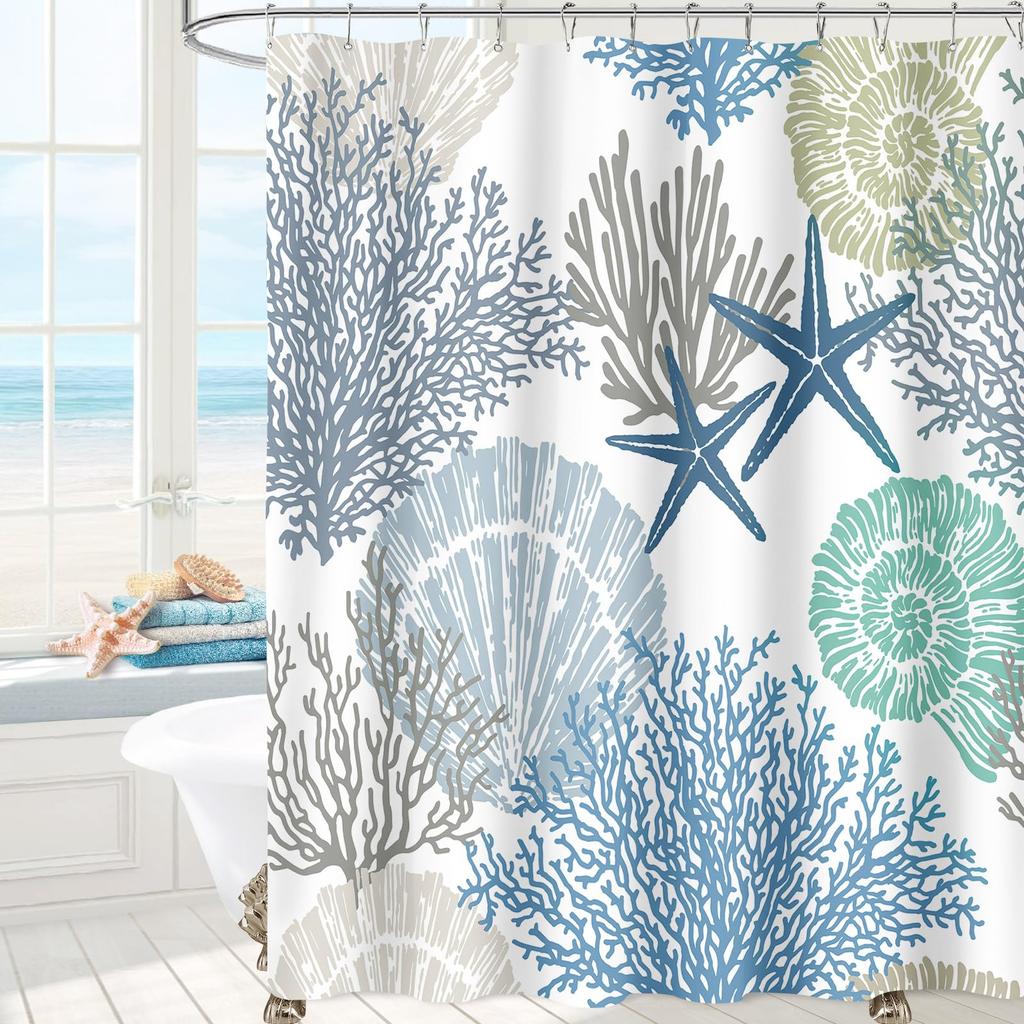Nautical Coastal Shower Curtain,Beach Ocean Theme Shower Curtain for Bathroom Decor,Summer Tropical Coral Bath Curtain with Hook