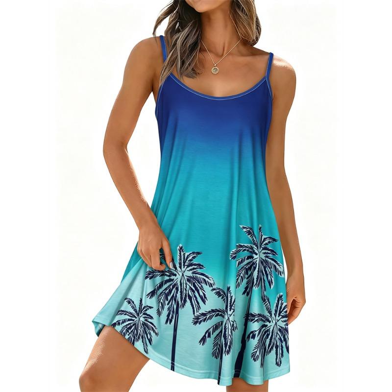 Summer Women's Simple and Elegant Daisy-Print Spaghetti-Strap Dress Round-Neck Fashionable Casual Dress