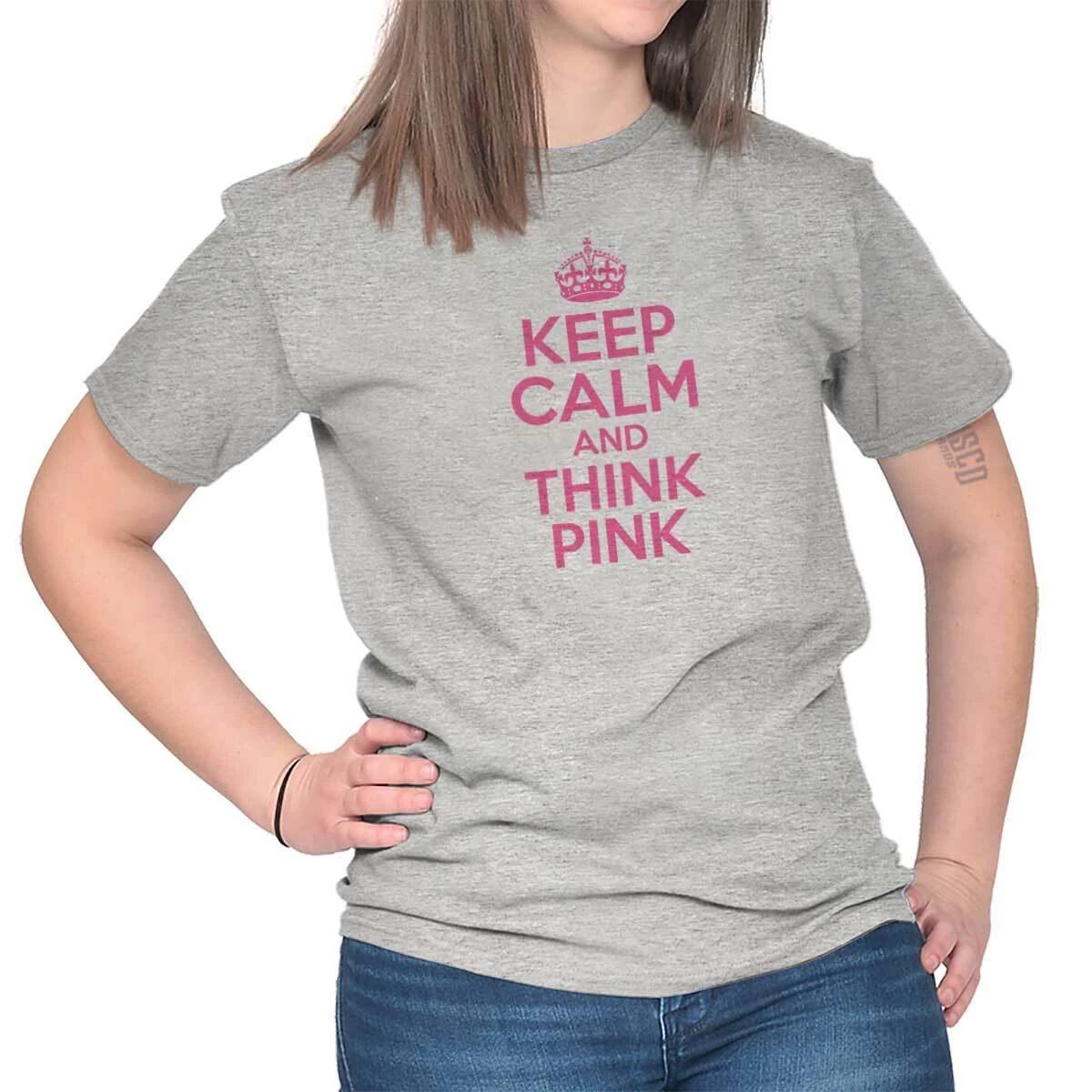 Keep Calm Think Pink Breast Cancer Awareness Womens Graphic Crewneck T Shirt Tee XXXXL