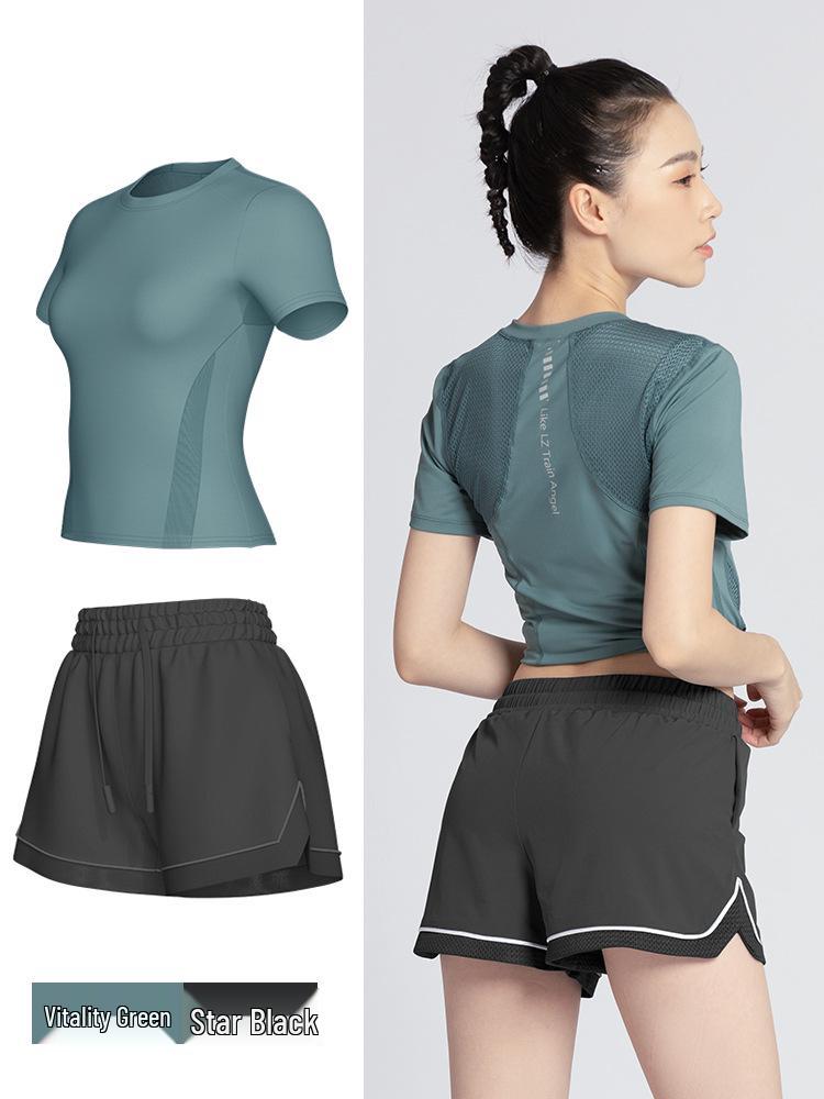 

Women s Summer Yoga Outfit - Lightweight, Fashionable, Quick-Dry Short Sleeve Top with Stretchy Mesh for Morning Runs and Fitness. XXL чорний/зелений