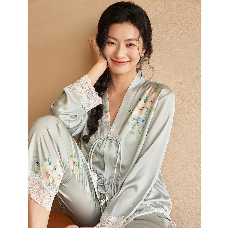 

Пижамы из шелка Ice Silk, женские, весна-осень, новый, с длинными рукавами, удобный домашний костюм M