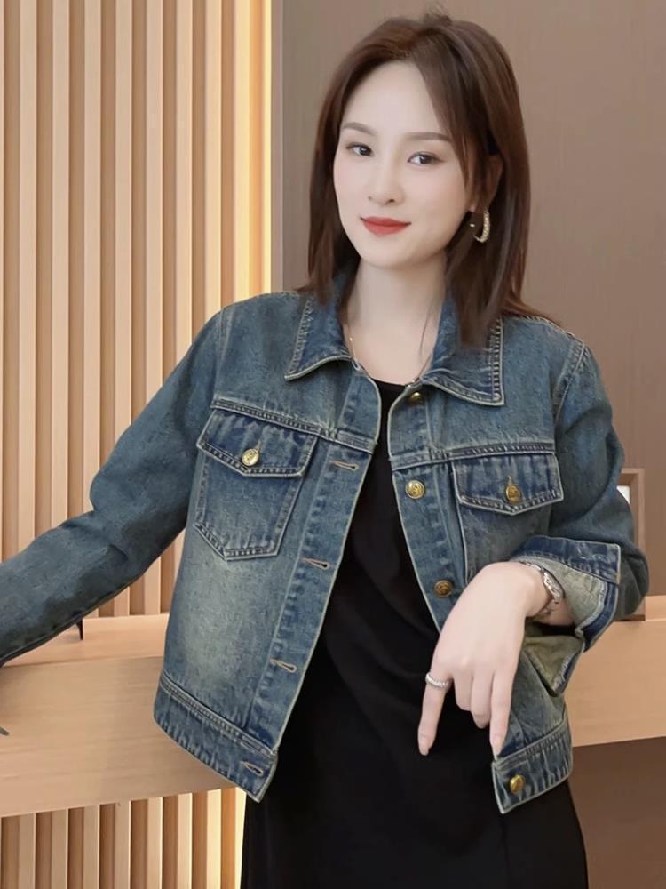 Hong Kong Style Women's Retro Denim Short Jacket, Autumn 2025 - Versatile Turn-Down Collar Cardigan