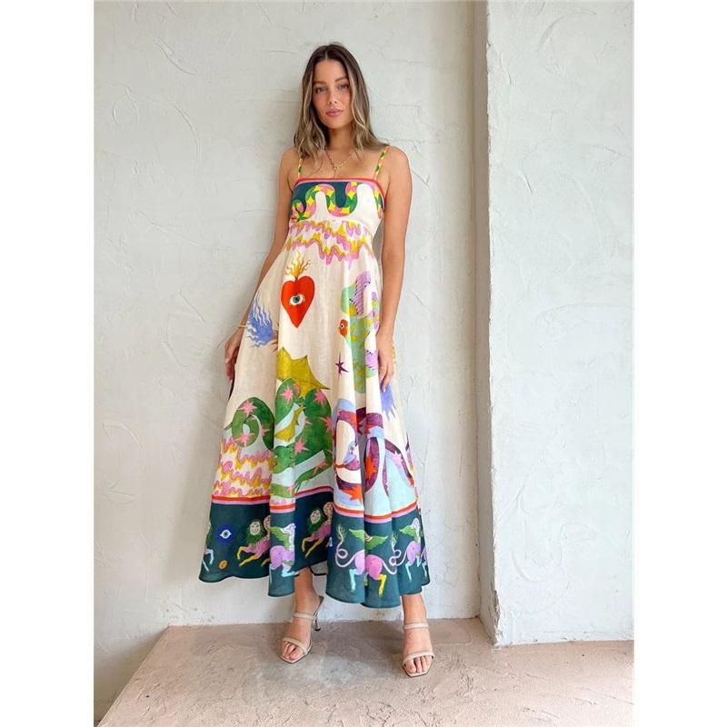 Women's Long Linen Printed Halter Dress 9 Colour Big Swing Dresses