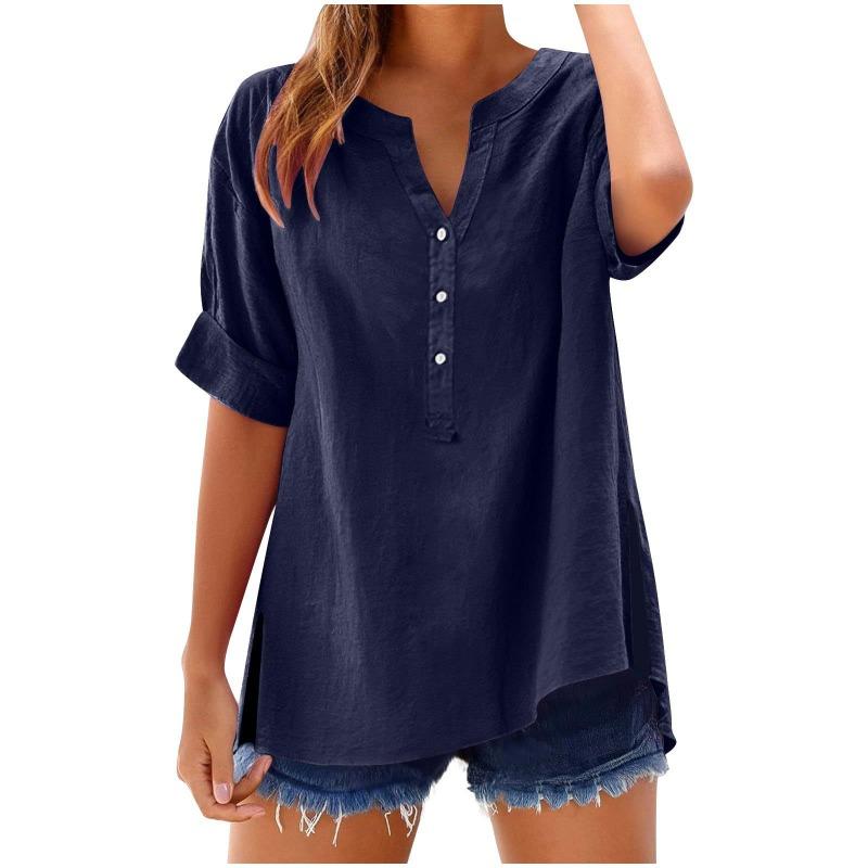 Spring Summer Top Button Up Shirt Casual Loose Top Solid Color Short Sleeved V-neck Top T Shirt