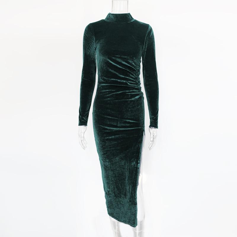 Sexy Velvet Pleated Turtle Neck Dress Women's Autumn Winter Warm Long-sleeved Slim Slit Package Hip Dresses Evening Party Gowns