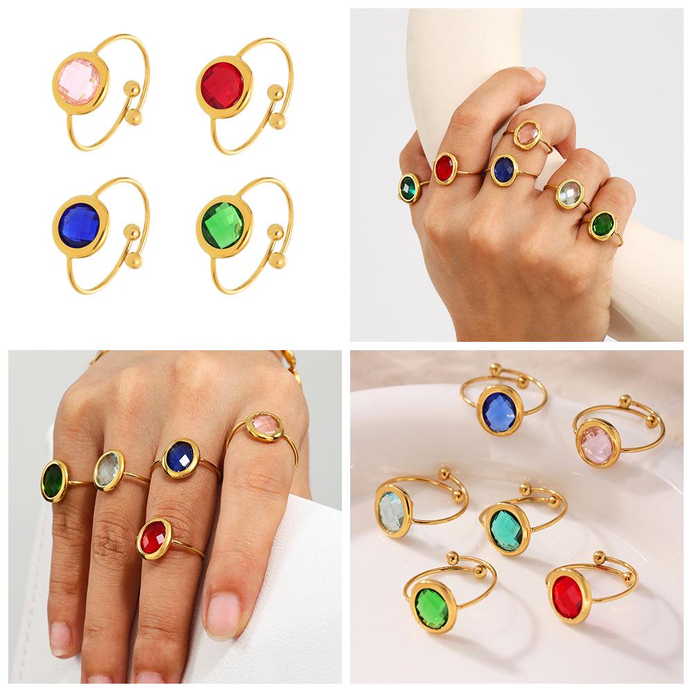 18k Gold Plated Open Ring with Qiong Yao Czech Glass Stone in Stainless Steel Bezel
