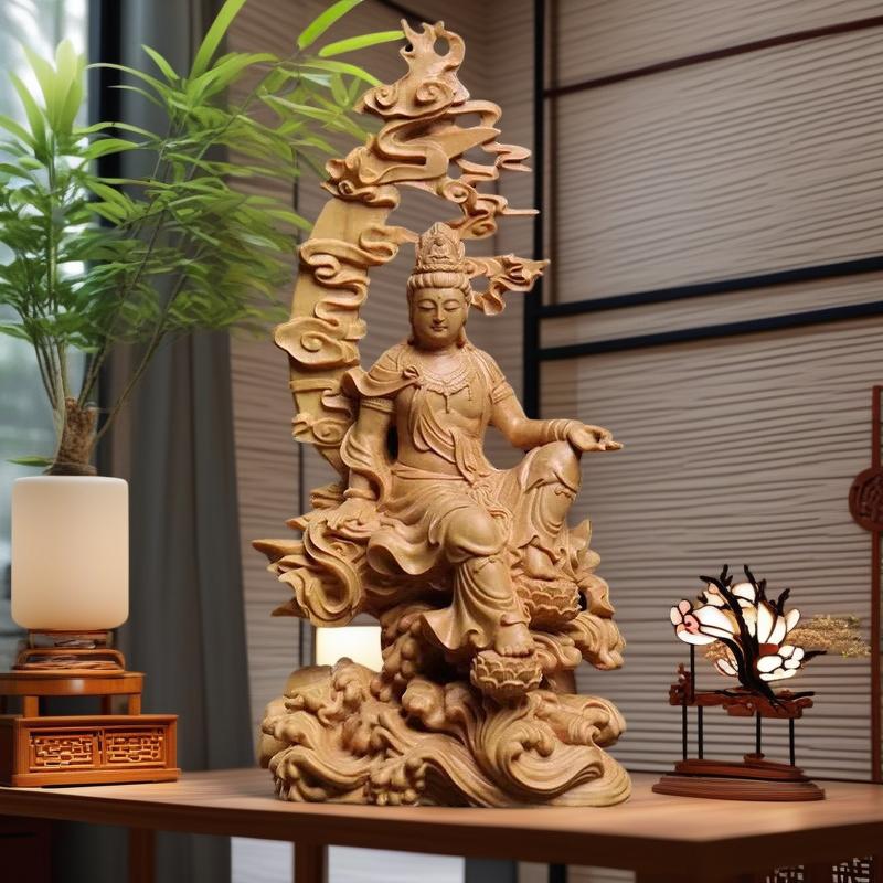 Natural Cypress Water Moon Guanyin Statue  Chinese Buddha StatuesHand-carved Home Room Office Feng Shui Figure Decoration Statue