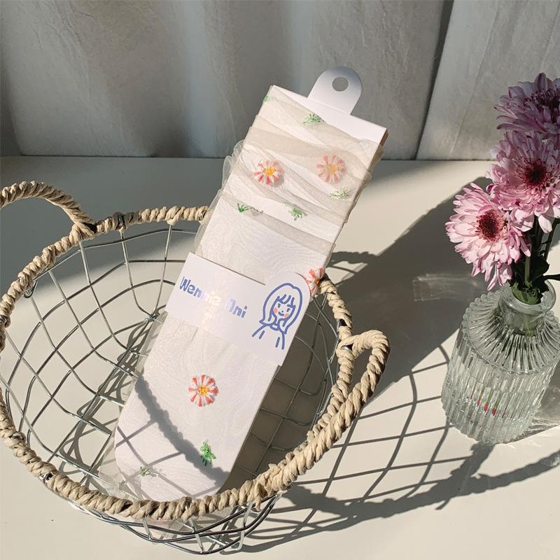 Mesh Socks Children'S Sweet And Fresh Little Daisy Girl Socks Summer Ultra-Thin Transparent Embroidered Tube Socks Stockings