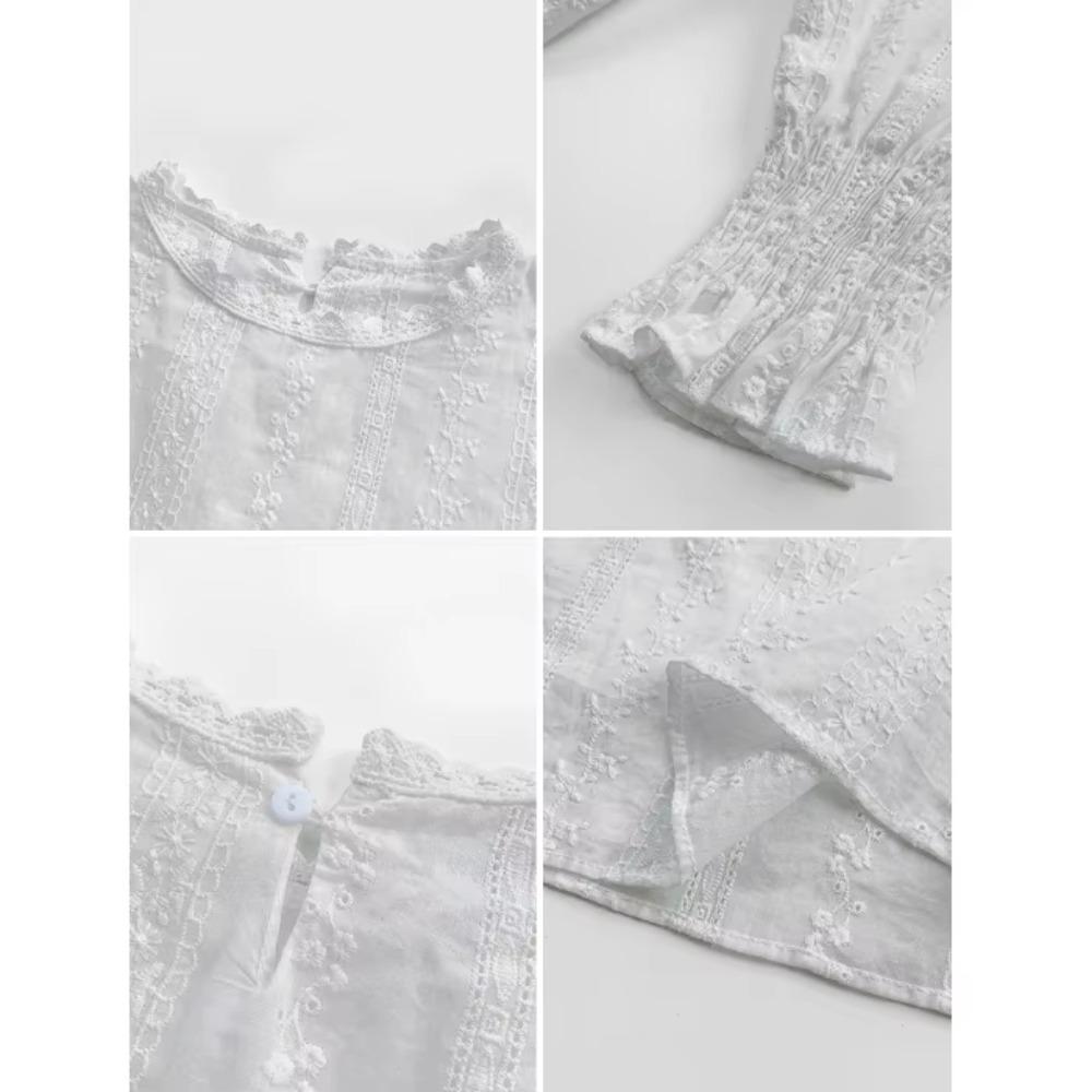 Vintage Style Lace Shirt Flare Sleeve Hollow Out White Blouse Casual Clothing New Fashion Women Lace Tops