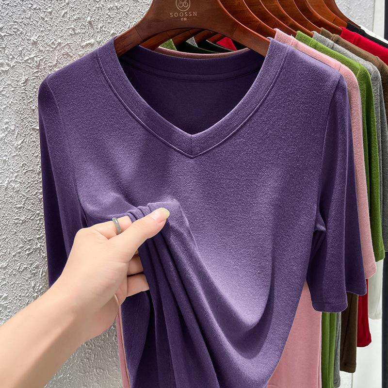 Modal-Baumwoll-Schulter-T-Shirt Damen Herbst neu einfach vielseitig Kragen T-Shirt Damen mittellangarm Dreiviertelarm Oberteil