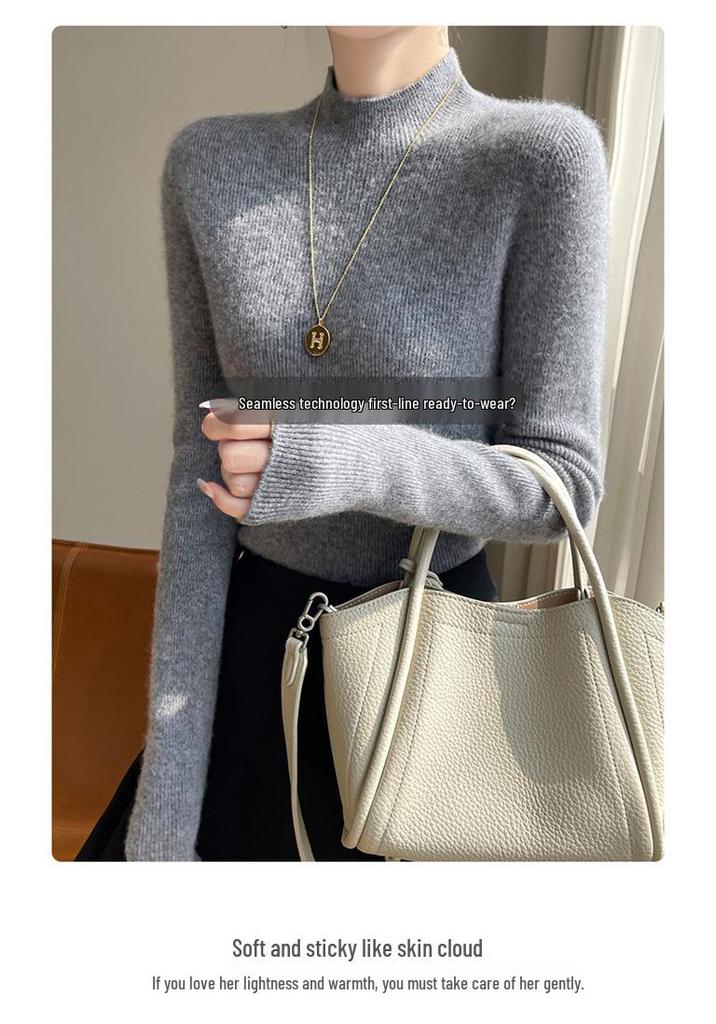 Women's Slim Fit Wool Sweater - Half-High Neck, Long Sleeve, Warm Autumn Winter Knit Base Layer