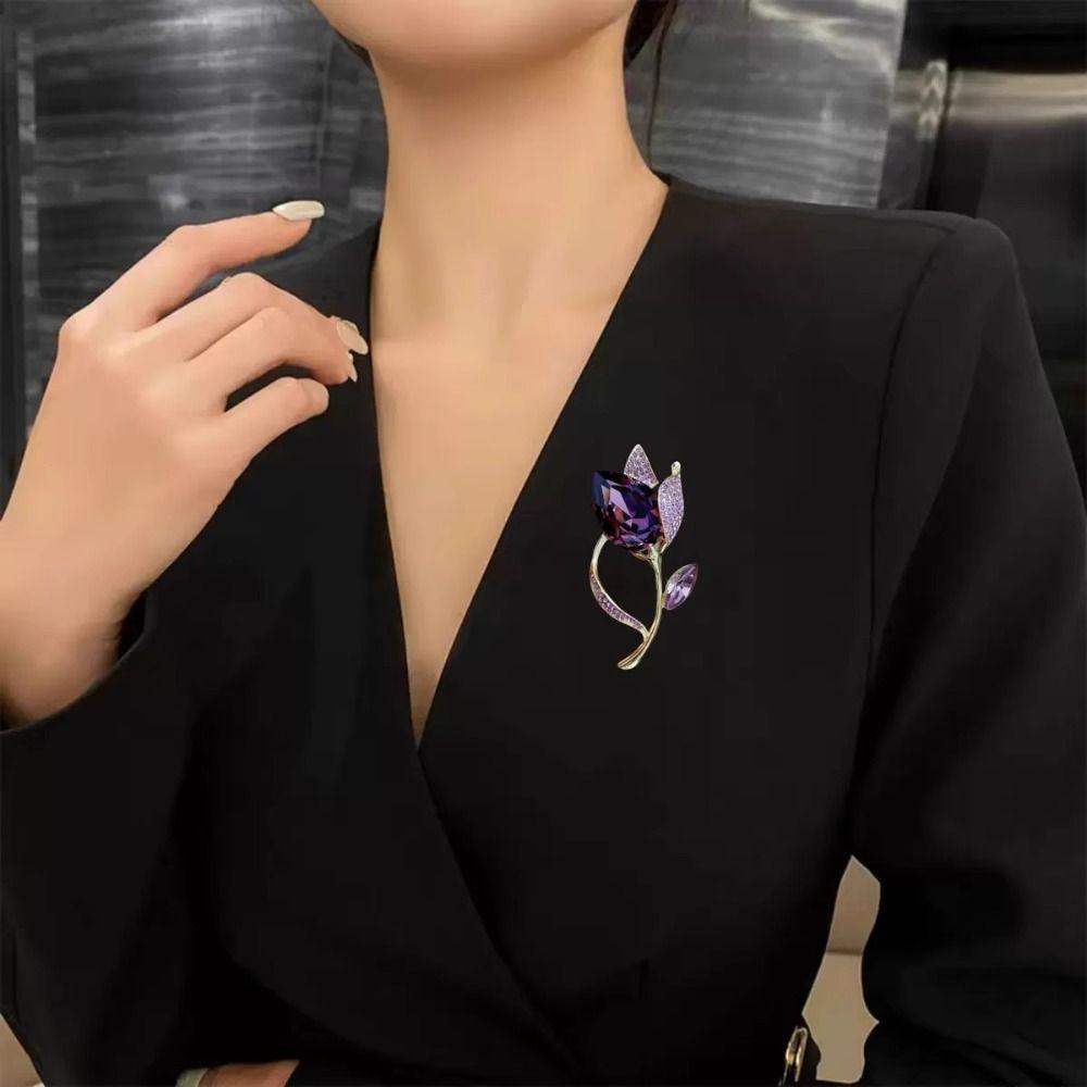 Luxury Lapel Pins Crystal Clothes Suit Accessories New Tulip Flower Brooch  For Women