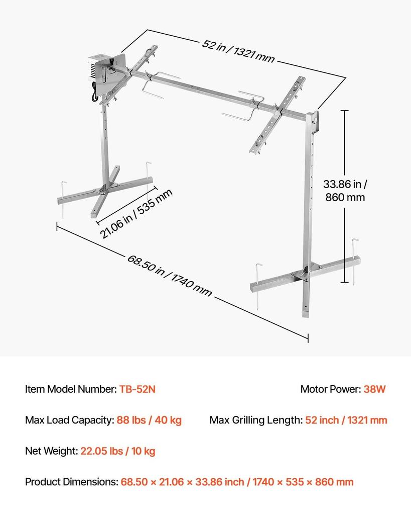 Gril à rôtissoire, AC220-240V Kit de gril à rôtissoire électrique à 8 niveaux de hauteur, Kit de rôtissoires pour grils BBQ avec capacité de charge de 88 lbs, Moteur 38W, Acier inoxydable