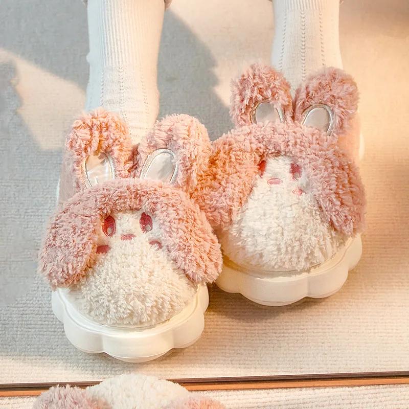 Fashion Women Cute Rabbit Cartoon Plush Novelty Slippers Closed Toe Furry Soft Sole Slip On Shoes Winter Warm Fuzzy Home Slippers