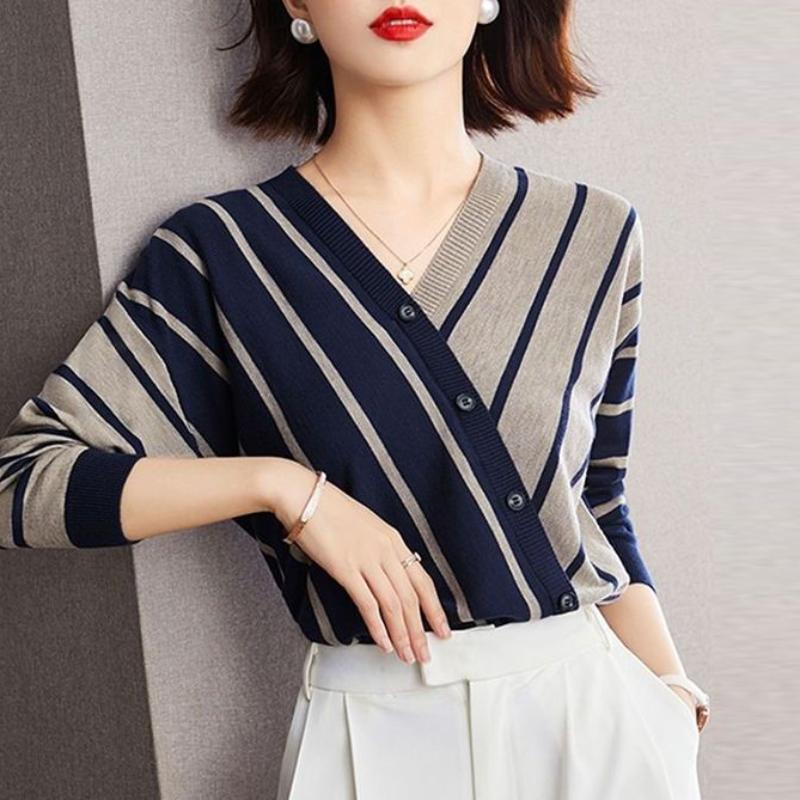Autumn and Winter New Elegant and Versatile Temperament Women's Clothing Splice Button V-Neck Long Sleeve Stripe Pullover