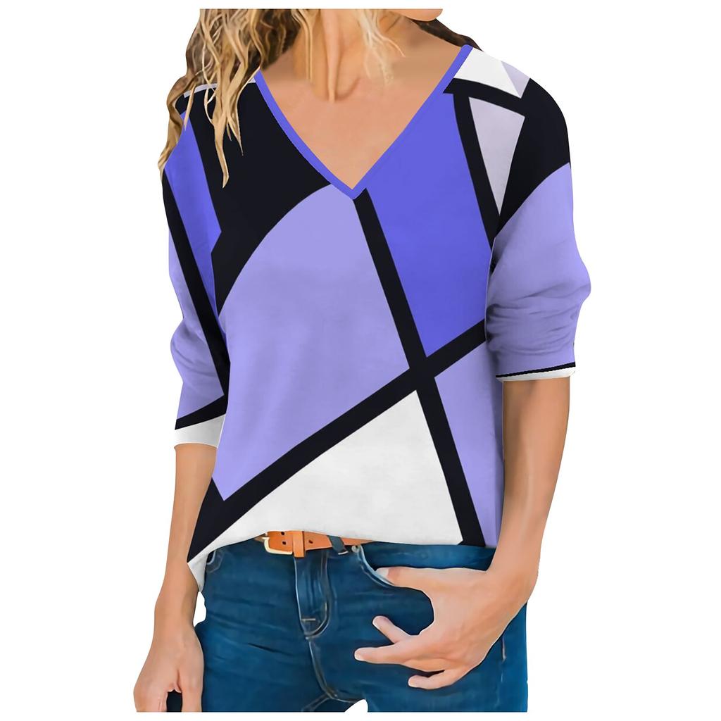 Women's Fashion Casual Temperament V-neck Irregular Striped Geometric Print Long Sleeve Blouse