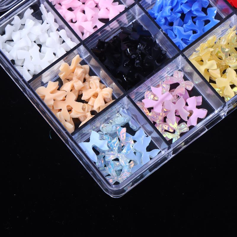 12/15 Grids/Box Mixed Resin Bowknot Nail Charms 3D Colorful Bow  Nail Art Decorations Diy Manicure Parts With Tools