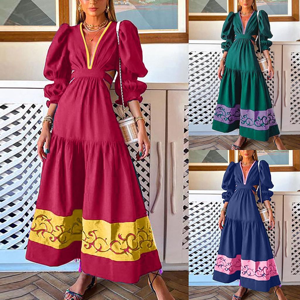 Women's Fashion Sexy Long Print V-Neck Long Sleeves Puff Sleeve Dress