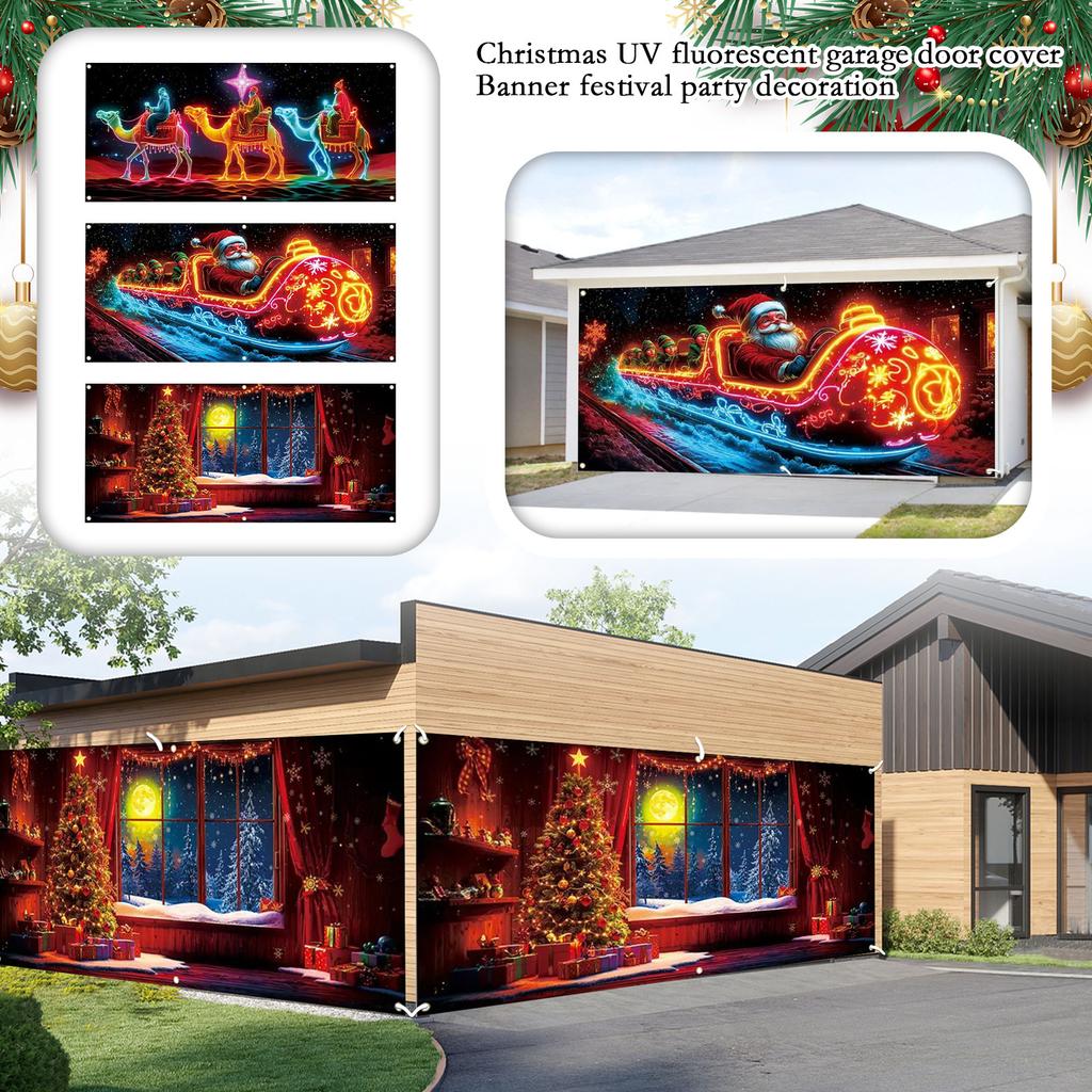 Christmas UV Fluorescent Garage Door Cover Banner - Background For Holiday Parties, Christmas Decoration Hanging Cloth