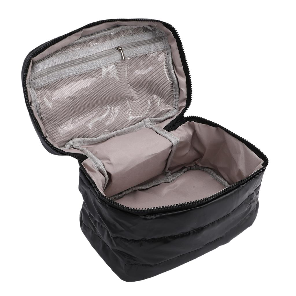 Quilted Makeup Bag Large Capacity Toiletry Organizer with Handle for Women Travel Gym Daily Use Black