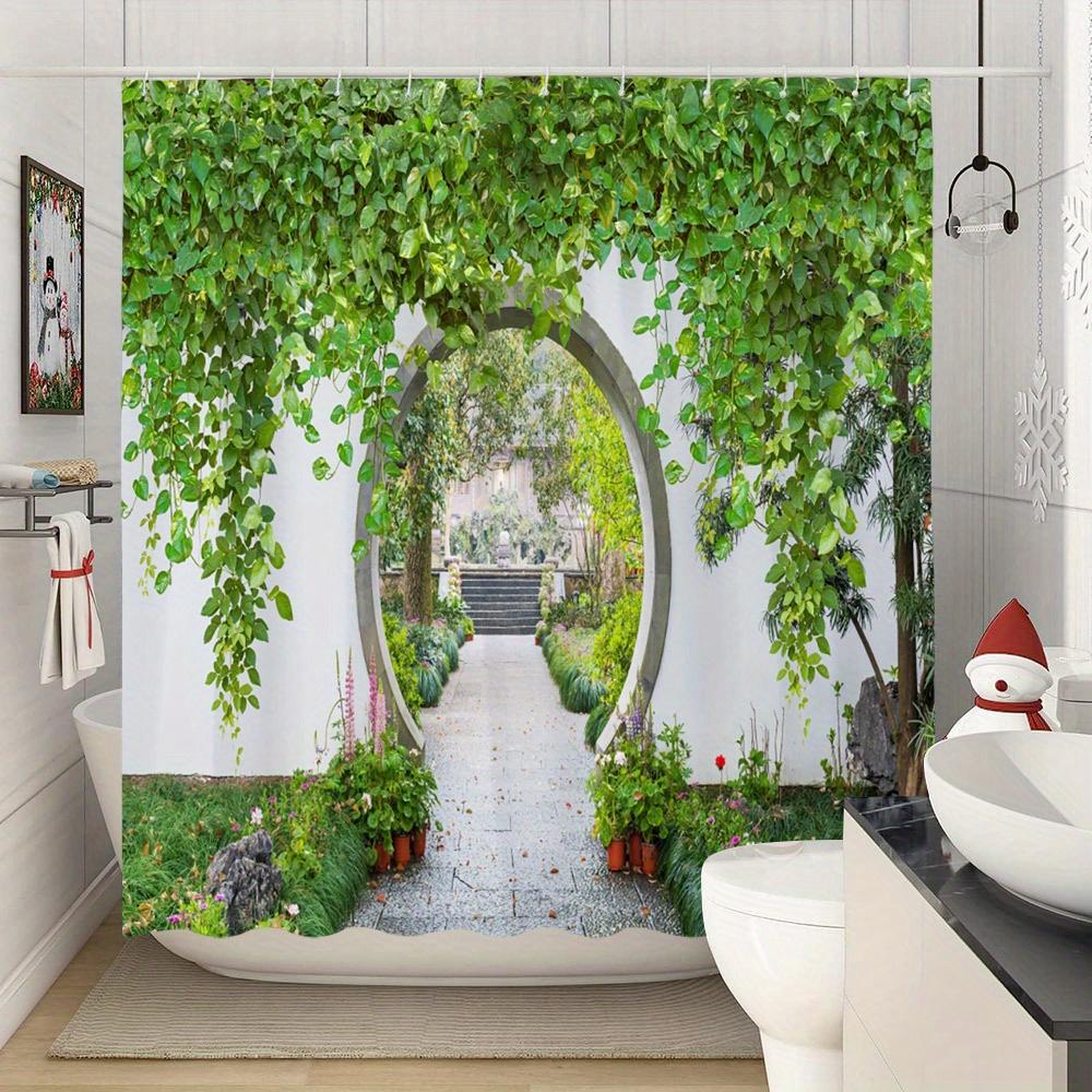 Shower Curtain: Serene Garden Path with Lush Greenery and Flowers for a Tranquil Bathroom Decor