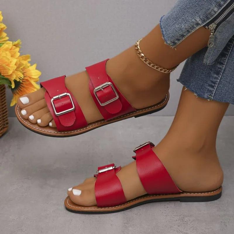 Mode Damen Neue Sommer Hausschuhe Trend Schnalle Flache Freizeitschuhe Hausschuhe für Zuhause Täglich Flache Slipper Party Damen Sandalen Pantoletten