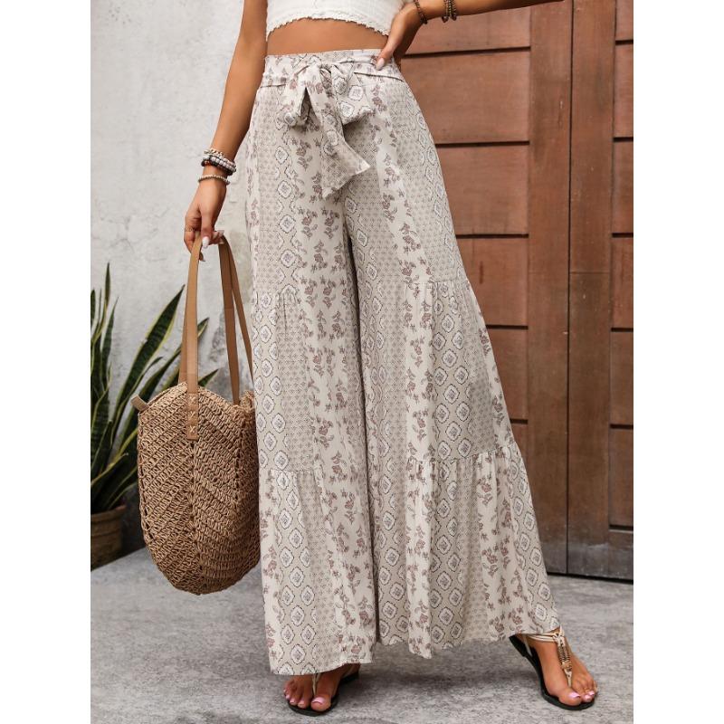 Casual Vacation Style Lace-up Geometric Floral Print Wide-leg Pants for Women