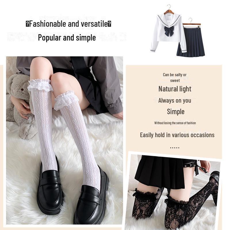 White Lace Lolita Mid-Tube Calf Socks - Women's Japanese Long Lace Stockings, Over-the-Knee Style.