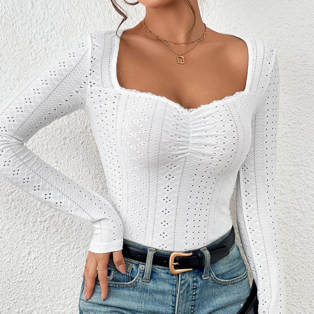 2023 European & American Sweetheart Collar Embroidered Eyelet Pleated Bust Lace T-Shirt for Women