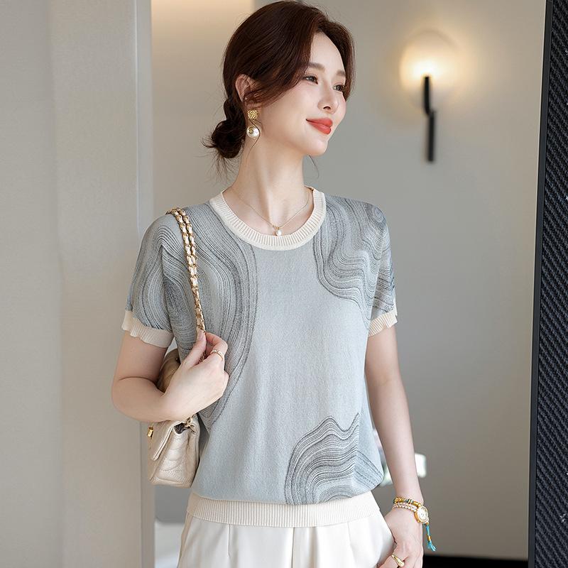 

Дизайнерская футболка с принтом, облегающая, трикотажная - Новая мода 2025 для женщин среднего и пожилого возраста XXXL